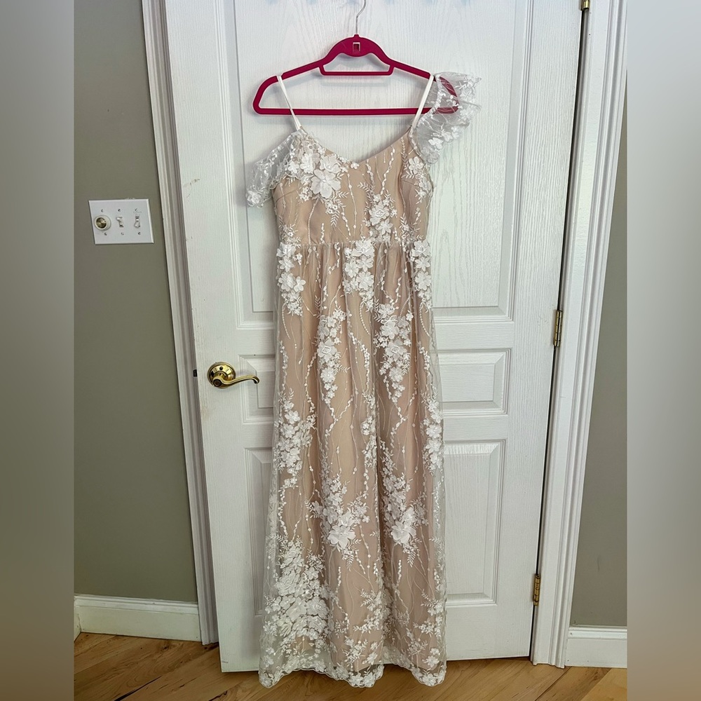Pink Blush- Maternity cream floral embroidered off shoulder sleeve maxi dress
